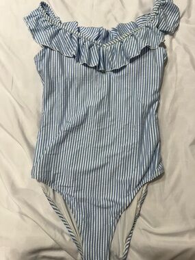 Blue and White Striped Ruffle One-Piece Swimsuit
